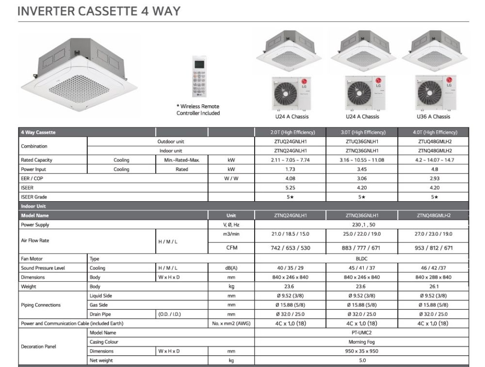 LG cassette ac inverter 4 way 2 ton 3 ton and 4 ton